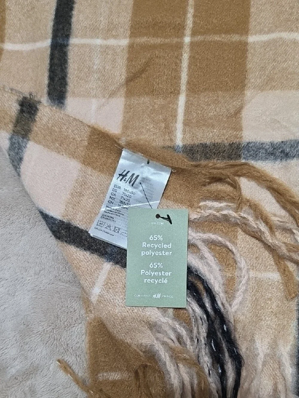 H&M Beige and Black Plaid Fringe Scarf